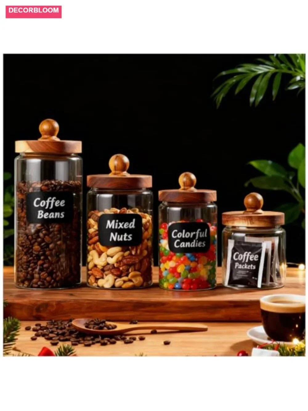 Glass Storage Jars Set of 4 with Wooden Lids - Airtight Food Containers
